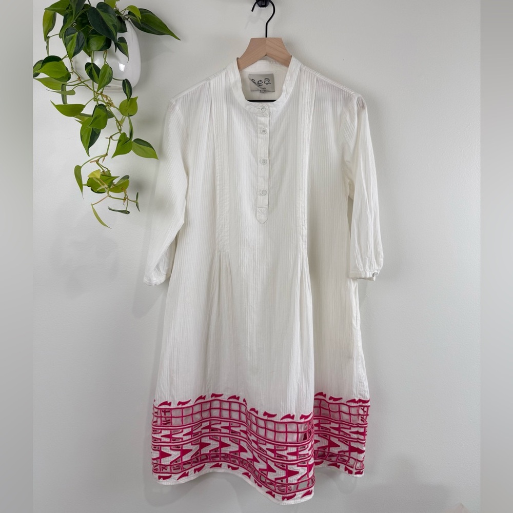 Sea New York White Cotton Embroidered Dress‎ Size 2 Pink Hem Detail Boho